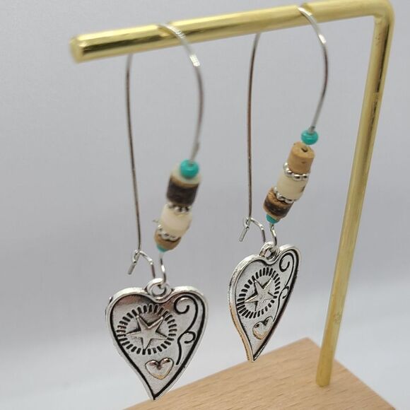 Engraved Heart Silver Dangle Earrings Turquoise Beaded Western Boho Jewelry NWT - Picture 4 of 6